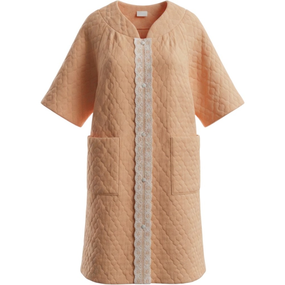 Vintage 70s Peach Quilted Robe Lace Trim Cottagecore Housecoat USA Made Size 14